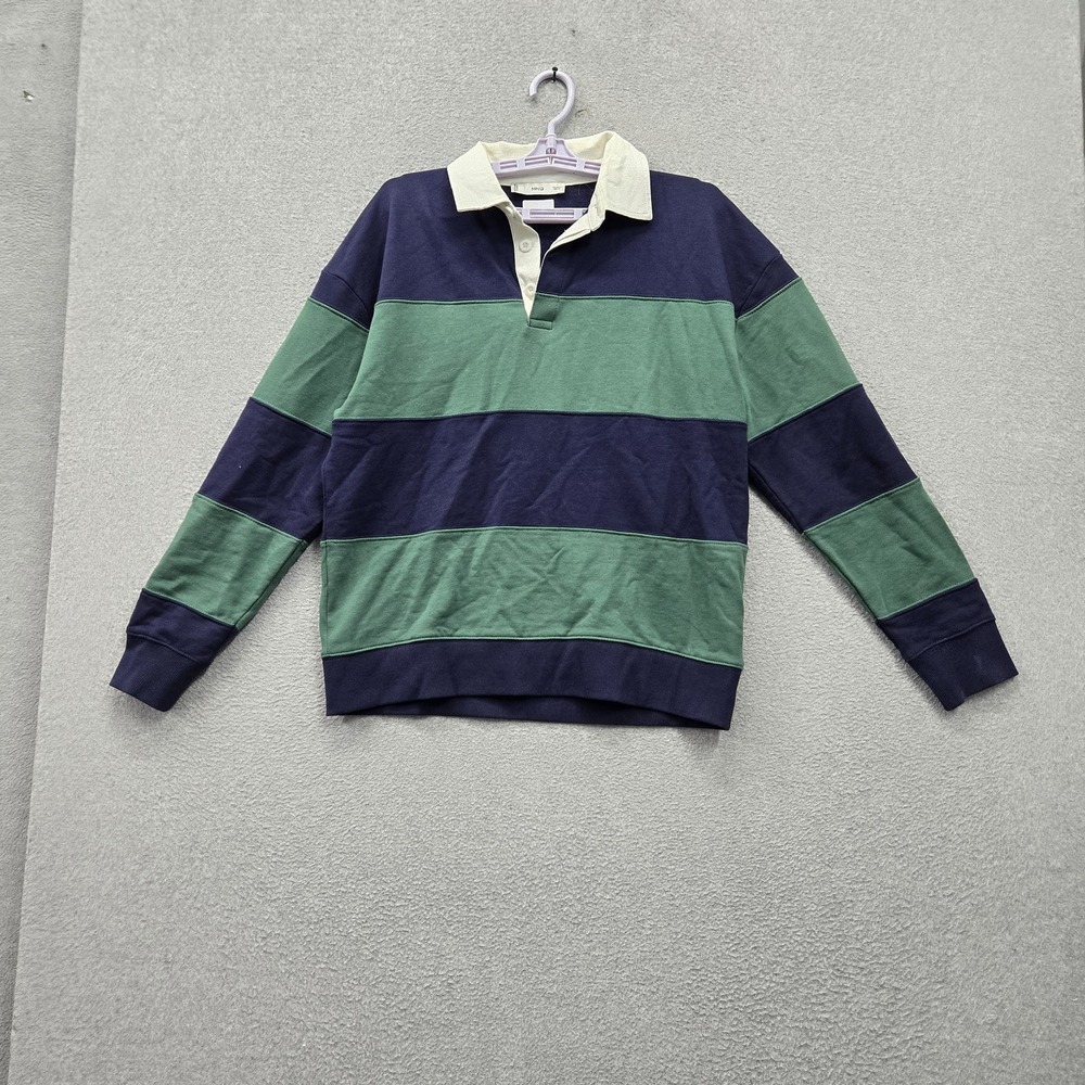 Mango Women Polo Shirt S Green Navy Striped Rugby Long Sleeve Collar Preppy